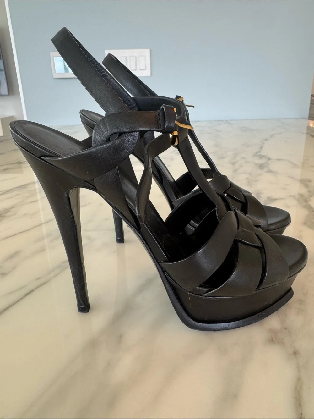 Saint Laurent Black Leather Woven T-Strap Heels with Gold Buckle - Picture 5 of 10